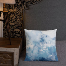 Load image into Gallery viewer, 18x18 allover print Premium Pillow, blue and white abstract design, polyester case, machine washable