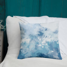 Load image into Gallery viewer, 18x18 allover print Premium Pillow, blue and white abstract design, polyester case, machine washable