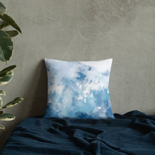Load image into Gallery viewer, 18x18 allover print Premium Pillow, blue and white abstract design, polyester case, machine washable