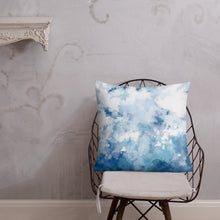 Load image into Gallery viewer, 22x22 allover print Premium Pillow, blue and white abstract design, polyester case, machine washable