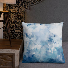Load image into Gallery viewer, 22x22 allover print Premium Pillow, blue and white abstract design, polyester case, machine washable