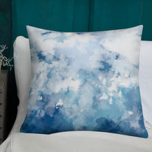 Load image into Gallery viewer, 22x22 allover print Premium Pillow, blue and white abstract design, polyester case, machine washable