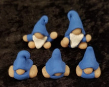 Load image into Gallery viewer, Mini blue baby gnomes, polymer clay, not a toy, mini figurine, tomte, gonk, gnomies, each figure is about 1 x 1 x .75 inches big
