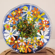 Load image into Gallery viewer, Glass Bowl, floral, flowers texture, glass, spring flowers, white, orange, yellow dimensional bowl functional art