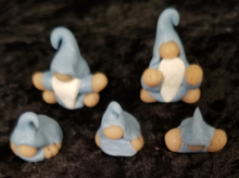 Load image into Gallery viewer, Mini Pale Blue Glitter polymer clay gnomes, not a toy, mini figurine, tomte, gonk, gnomies, each figure is about 1 x 1 x .75 inches big