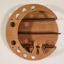 Load image into Gallery viewer, Crescent moon shaped display shelf with 2 cats, 3 shelves, home decor, round shelf unit, lunar shelf