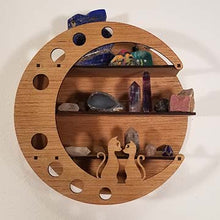 Load image into Gallery viewer, Crescent moon shaped display shelf with 2 cats, 3 shelves, home decor, round shelf unit, lunar shelf