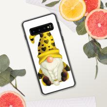 Load image into Gallery viewer, Galaxy s10 phone case with a gnome wearing a yellow hat with black hearts yellow clothes and a braided beard on a black background.