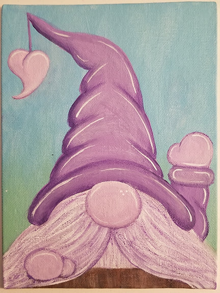 Gnome painting, waving gnome, hello gnomie, acrylic painting, original art, purple, lavender, original art painting