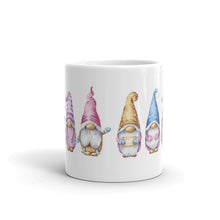 Load image into Gallery viewer, sublimated mug with 4 gnomes in pastel colors, gnomies, gnome friends, coffee mug, mug, cup, wrap around printing
