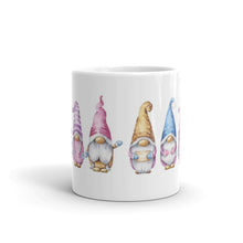 Load image into Gallery viewer, sublimated mug with 4 gnomes in pastel colors, gnomies, gnome friends, coffee mug, mug, cup, wrap around printing