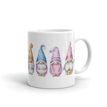 Load image into Gallery viewer, White glossy mug printed with 4 gnome pals in pink, blue, purple and tan outfits, gnome girl, 15 ounce or 18 ounce available
