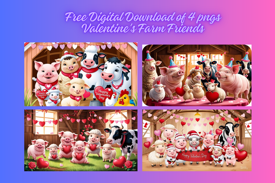 Adorable Valentines Farm Friends 4 PNGs DIgital Download DIY