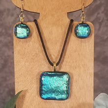 Load image into Gallery viewer, Dichroic Fused Glass Jewelry gift Set Blue green gold unisex present
