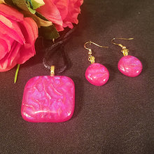 Load image into Gallery viewer, Dichroic Fused Glass Jewelry Set Pendant Earrings Red Gift Sparkle

