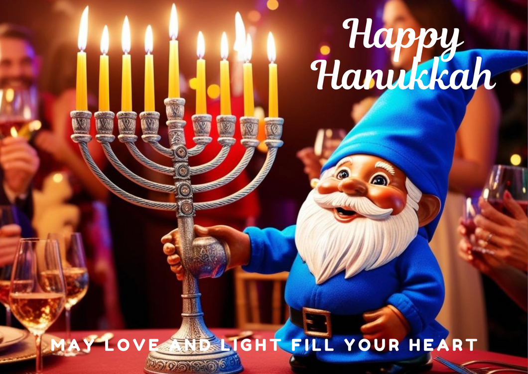 Hanukkah Card with Gnome and Menora Digital Download