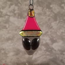 Load image into Gallery viewer, Fused Glass Gray Alien Ornament in a Santa hat red gold
