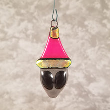 Load image into Gallery viewer, Fused Glass Gray Alien Ornament in a Santa hat red gold
