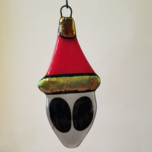 Load image into Gallery viewer, Fused Glass Gray Alien Ornament in a Santa hat red gold
