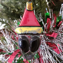 Load image into Gallery viewer, Fused Glass Gray Alien Ornament in a Santa hat red gold
