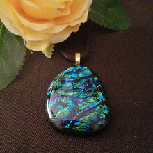 Load image into Gallery viewer, Sparkly Dichroic fused glass necklace blue green gold pendant gift
