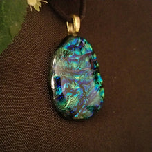 Load image into Gallery viewer, Sparkly Dichroic fused glass necklace blue green gold pendant gift

