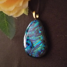 Load image into Gallery viewer, Sparkly Dichroic fused glass necklace blue green gold pendant gift
