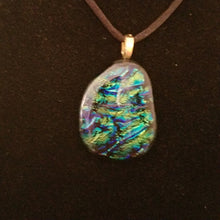 Load image into Gallery viewer, Sparkly Dichroic fused glass necklace blue green gold pendant gift
