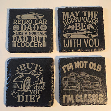 funny classic car themed slate coasters, set of 4, retro car coaster, horsepower, retro set#6