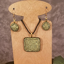 Load image into Gallery viewer, Sparkly Gold/Green Dichroic Fused Glass Jewelry Set Gift
