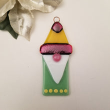 Load image into Gallery viewer, Cute gnome fused glass ornament dichroic glass green yellow gonk
