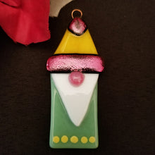 Load image into Gallery viewer, Cute gnome fused glass ornament dichroic glass green yellow gonk
