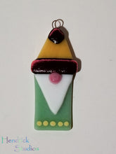 Load image into Gallery viewer, Cute gnome fused glass ornament dichroic glass green yellow gonk
