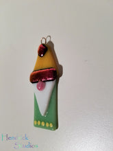 Load image into Gallery viewer, Cute gnome fused glass ornament dichroic glass green yellow gonk
