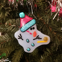 Load image into Gallery viewer, Bah Humbug melted Snowman fused glass ornament red hat dichroic glass #christmas #treedecoration # snowman
