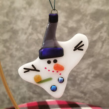 Load image into Gallery viewer, Fused glass melted snowman ornament purple hat holiday bauble, snowman
