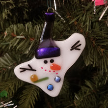 Load image into Gallery viewer, Fused glass melted snowman ornament purple hat holiday bauble, snowman
