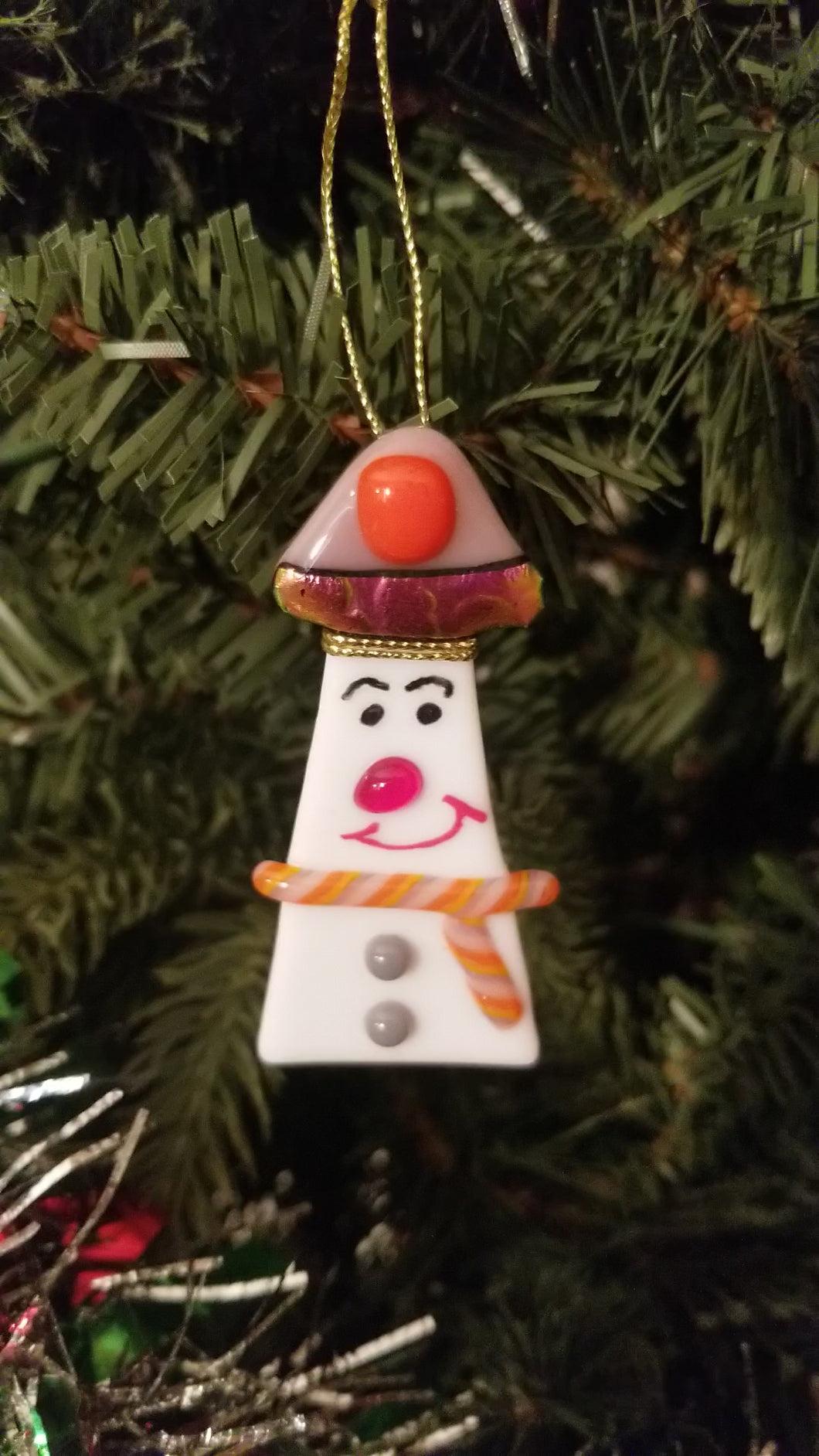 Fused Glass Snowman ornament bauble orange lavendar