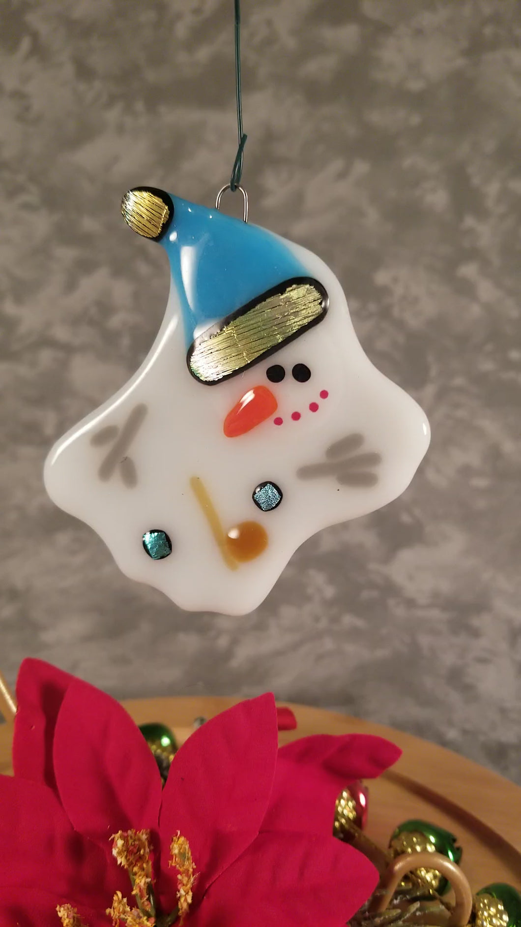 Fused glass melted snowman ornament