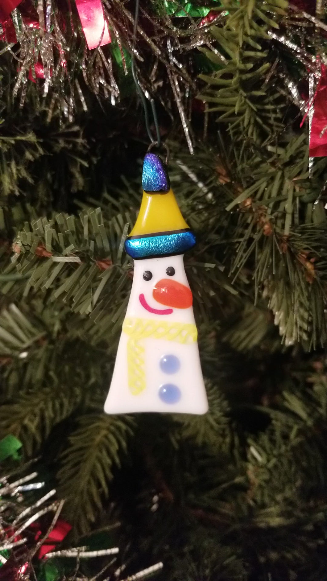 Festive Melted Snowman fused glass ornament yellow hat dichroic glass #ornament #treedecoration #snowman