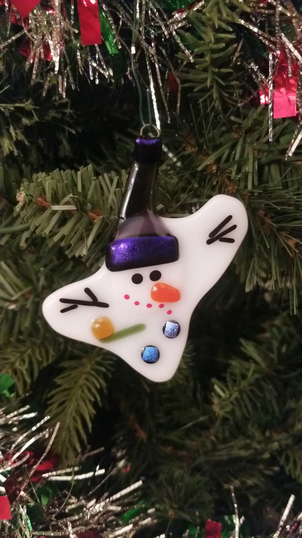 Fused glass melted snowman ornament purple hat holiday bauble, snowman