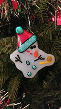 Load and play video in Gallery viewer, Bah Humbug melted Snowman fused glass ornament red hat dichroic glass #christmas #treedecoration # snowman
