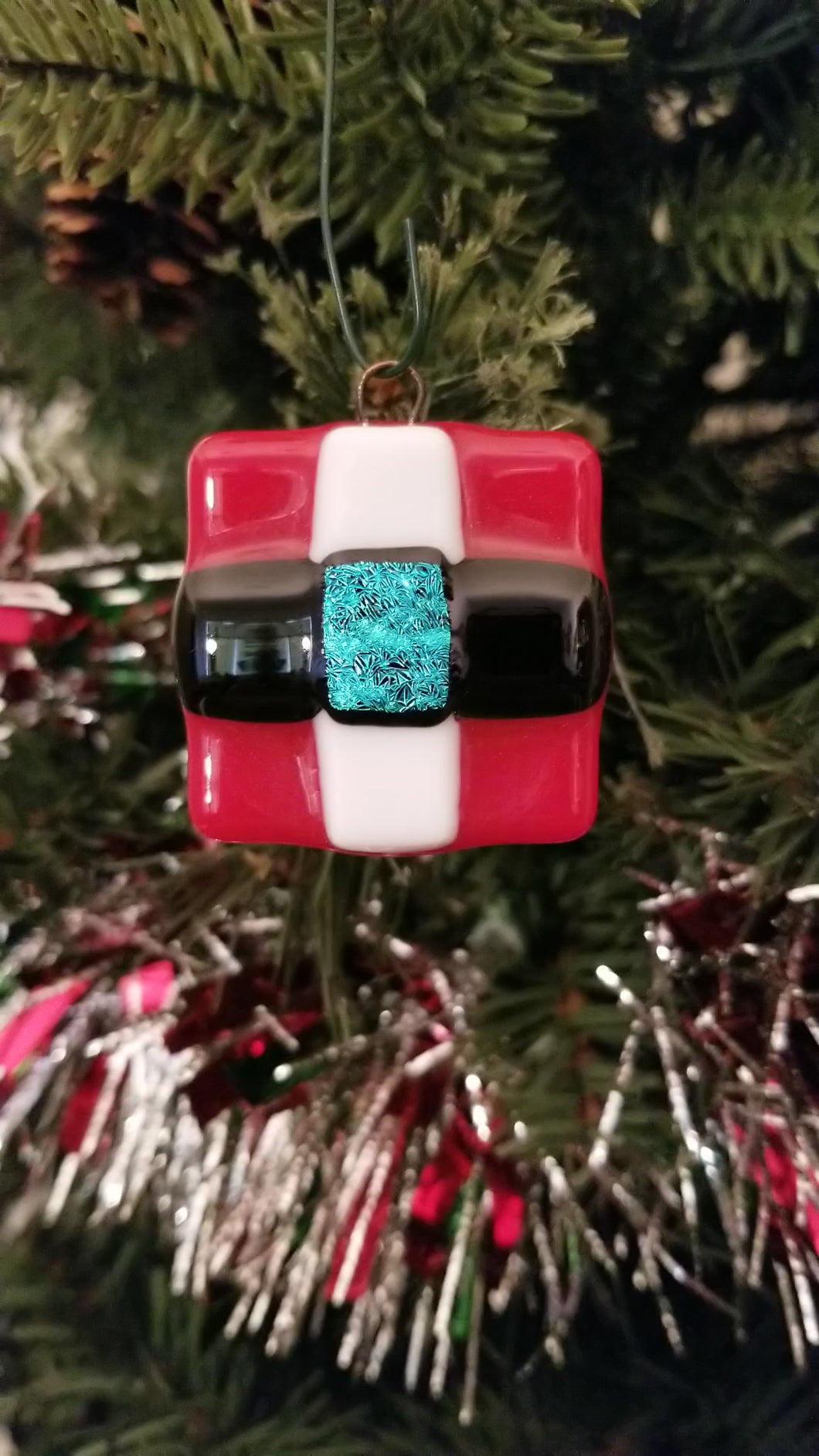 Festive Santa Belt fused glass ornament dichroic glass red blue