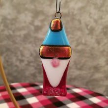 Load image into Gallery viewer, Kawaii gnome fused glass ornament dichroic glass red blue #decoration #holidayornament #winter #gnome #gonk
