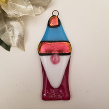 Load image into Gallery viewer, Kawaii gnome fused glass ornament dichroic glass red blue #decoration #holidayornament #winter #gnome #gonk
