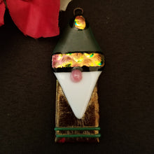 Load image into Gallery viewer, Charming gnome fused glass ornament dichroic glass red green gold #bauble #treeornament #winter #gnome #gonk
