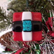 Load image into Gallery viewer, Festive Santa Belt fused glass ornament dichroic glass red blue
