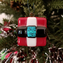 Load image into Gallery viewer, Festive Santa Belt fused glass ornament dichroic glass red blue
