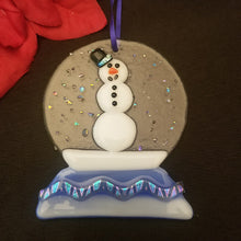 Load image into Gallery viewer, Fused glass Snow globe with snowman ornament, holiday bauble, handmade
