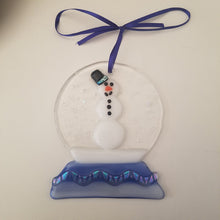 Load image into Gallery viewer, Fused glass Snow globe with snowman ornament, holiday bauble, handmade
